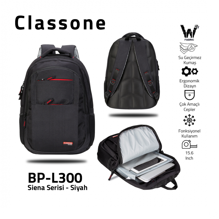 Classone BP-L300 Siena Serisi WTXpro Su Geçirmez Kumaş 15,6 inch Sırt Çantası - Siyah
