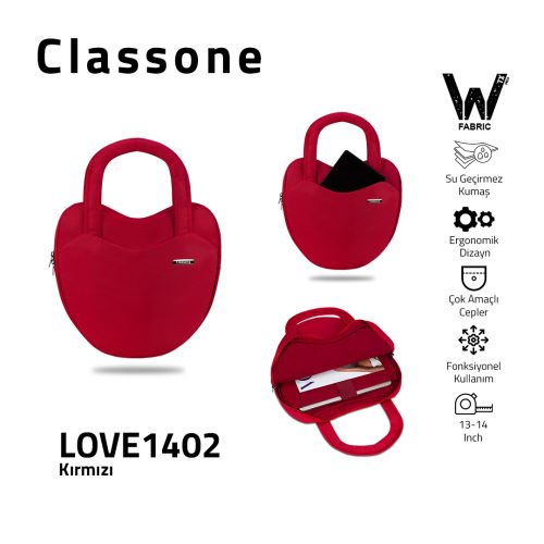 Classone LOVE1402 13-14 Inch WTXPro Su Geçirmez Kumaş, Macbook,Mac Air,Lenovo,Hp Laptop El ve Omuz Çantası - Kırmızı