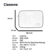 Classone Livorno Serisi WSL1403 13-14 inch uyumlu WTXpro Su Geçirmez Kumaş Macbook, Tablet Kılıfı -Gri