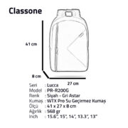 Classone PR-R200G Lucca Serisi WTXpro Su Geçirmez Kumaş 15,6 inç Laptop Notebook Sırt Çantası – Gri Astar