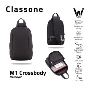Classone M1 Crossbody Serisi  WTXPro Su Geçirmez Kumaş ve Darbeye Karşı Dayanıklı Padguard Omuz Askılı Seyahat Çantası - M1– Mat Siyah