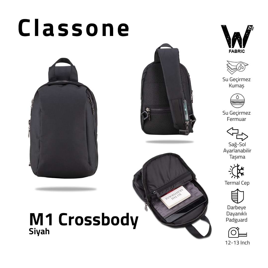 Classone M1 Crossbody Serisi WTXPro Su Geçirmez Kumaş ve Darbeye Karşı Dayanıklı Padguard Göğüs ve Seyahat Çantası - Siyah