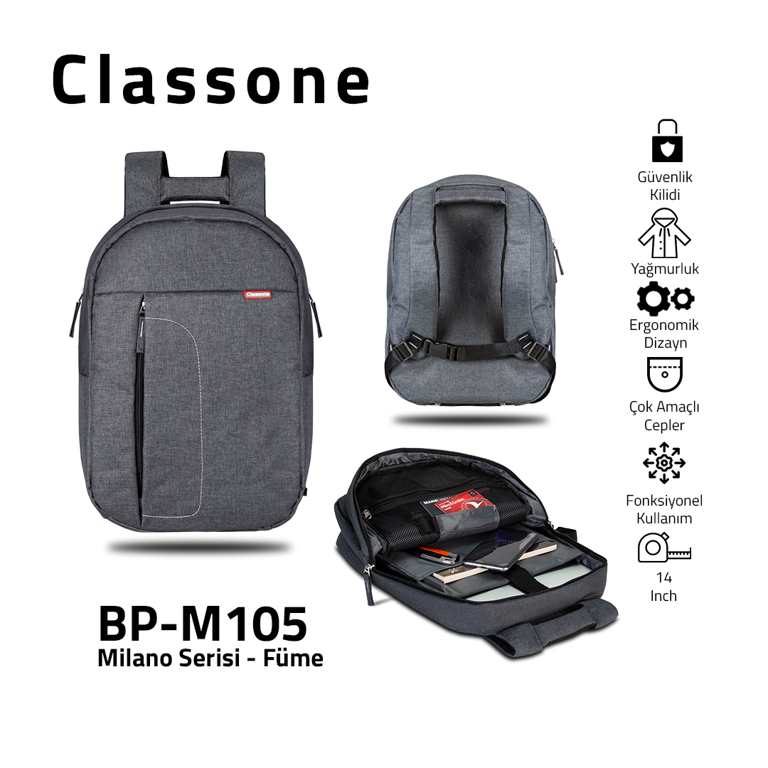 Classone BP-M105 13,3-14 inç Uyumlu Milano Serisi Medium Sırt Çantası - Füme