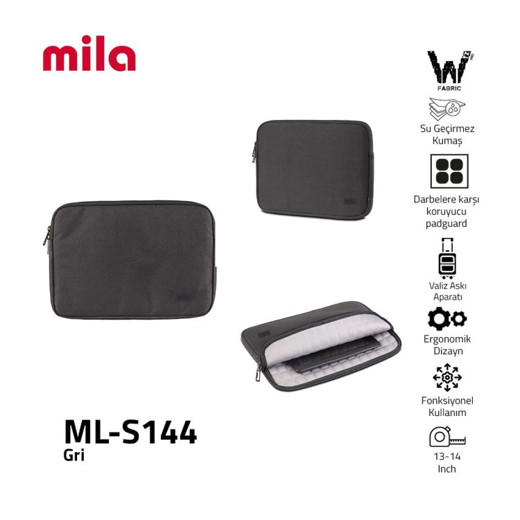 Classone ML-S144 13, 14 inch Mila Serisi , Macbook ,Mac Air, Laptop Kılıfı, WTXpro Su Geçirmez Kumaş- Gri