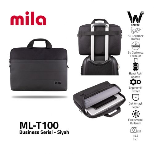 Mila T100 Business serisi WTXpro Su Geçirmez Kumaş, Su Geçirmez Fermuar 15.6 inch uyumlu Macbook , Laptop , Notebook  Taşıma Çantası -Siyah