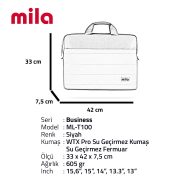 Mila T100 Business serisi WTXpro Su Geçirmez Kumaş, Su Geçirmez Fermuar 15.6 inch uyumlu Macbook , Laptop , Notebook  Taşıma Çantası -Siyah