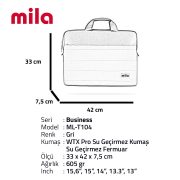 Mila T104 Business serisi WTXpro Su Geçirmez Kumaş, Su Geçirmez Fermuar 15.6 inch uyumlu Macbook , Laptop , Notebook  Taşıma Çantası -Gri