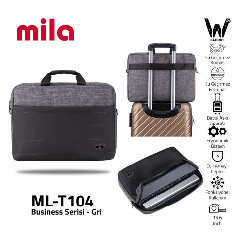 Mila T104 Business serisi WTXpro Su Geçirmez Kumaş, Su Geçirmez Fermuar 15.6 inch uyumlu Macbook , Laptop , Notebook  Taşıma Çantası -Gri