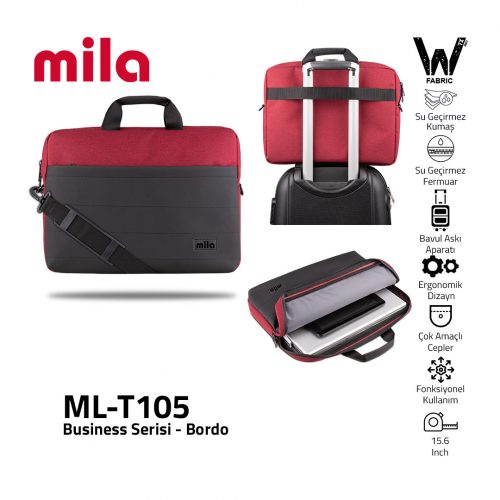 Mila T105 Business serisi WTXpro Su Geçirmez Kumaş, Su Geçirmez Fermuar 15.6 inch uyumlu Macbook , Laptop , Notebook  Taşıma Çantası -Bordo