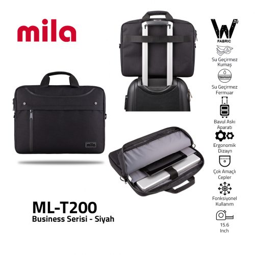Mila T200 Business serisi WTXpro Su Geçirmez Kumaş, Su Geçirmez Fermuar 15.6 inch uyumlu Macbook , Laptop , Notebook Taşıma Çantası –Siyah
