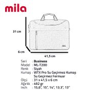 Mila T200 Business serisi WTXpro Su Geçirmez Kumaş, Su Geçirmez Fermuar 15.6 inch uyumlu Macbook , Laptop , Notebook Taşıma Çantası –Siyah