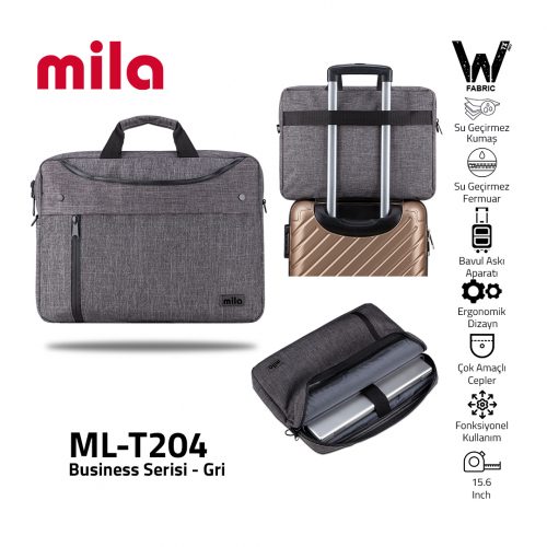 Mila T204 Business serisi WTXpro Su Geçirmez Kumaş, Su Geçirmez Fermuar 15.6 inch uyumlu Macbook , Laptop , Notebook Taşıma Çantası –Gri