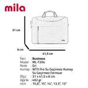 Mila T204 Business serisi WTXpro Su Geçirmez Kumaş, Su Geçirmez Fermuar 15.6 inch uyumlu Macbook , Laptop , Notebook Taşıma Çantası –Gri