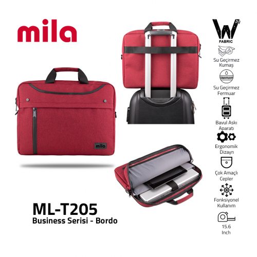 Mila T205 Business serisi WTXpro Su Geçirmez Kumaş, Su Geçirmez Fermuar 15.6 inch uyumlu Macbook , Laptop , Notebook Taşıma Çantası –Bordo