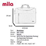 Mila T205 Business serisi WTXpro Su Geçirmez Kumaş, Su Geçirmez Fermuar 15.6 inch uyumlu Macbook , Laptop , Notebook Taşıma Çantası –Bordo