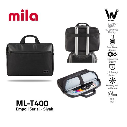 Mila ML-T400, Empoli  Serisi WTXpro Su Geçirmez Kumaş-15.6 inch uyumlu Macbook, Macbook air, Laptop, Notebook Taşıma Çantası –Siyah