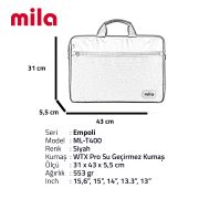 Mila ML-T400, Empoli  Serisi WTXpro Su Geçirmez Kumaş-15.6 inch uyumlu Macbook, Macbook air, Laptop, Notebook Taşıma Çantası –Siyah