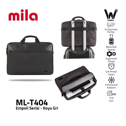 Mila ML-T404, Empoli  Serisi WTXpro Su Geçirmez Kumaş 15.6 inch uyumlu Macbook, Macbook air, Laptop, Notebook Taşıma Çantası –Koyu Gri