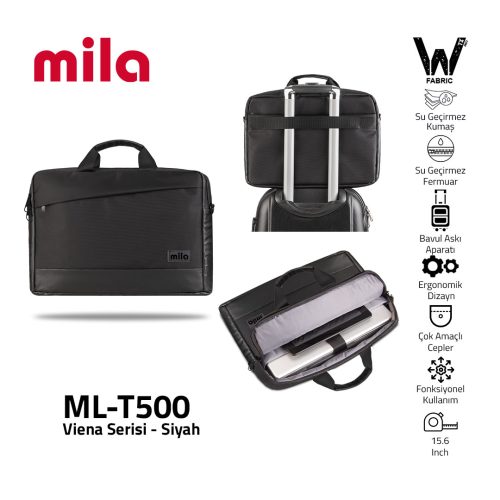 Mila ML-T500, Viena Serisi WTXpro Su Geçirmez Kumaş, Su Geçirmez Kumaş 15.6 inch uyumlu Macbook, Macbook air,Laptop, Notebook   Taşıma Çantası –Siyah