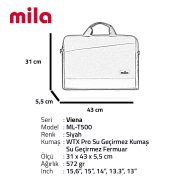 Mila ML-T500, Viena Serisi WTXpro Su Geçirmez Kumaş, Su Geçirmez Kumaş 15.6 inch uyumlu Macbook, Macbook air,Laptop, Notebook   Taşıma Çantası –Siyah