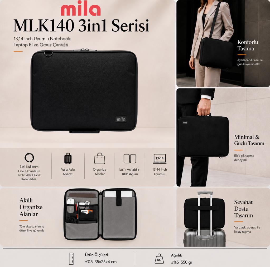 Mila 3in1 Serisi MLK140 13,14 inch Uyumlu Tablet, Laptop El ve Omuz Çantası - Siyah