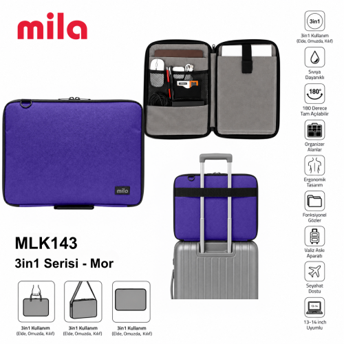 Mila 3in1 Serisi MLK143 13,14 inch Uyumlu Tablet, Laptop El ve Omuz Çantası - Mor