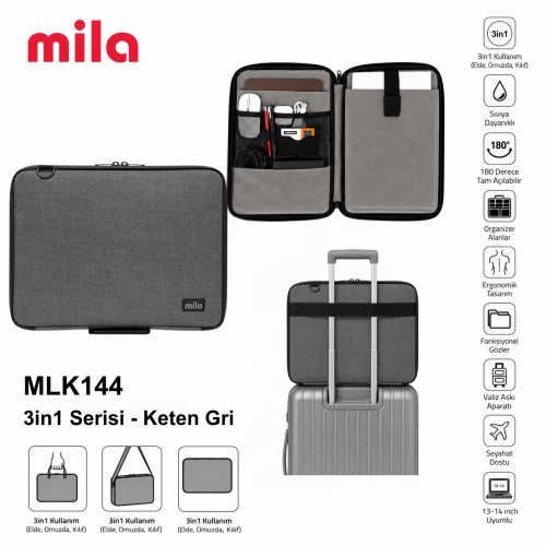 Mila 3in1 Serisi MLK144 13,14 inch Uyumlu Tablet, Laptop El ve Omuz Çantası - Keten Gri