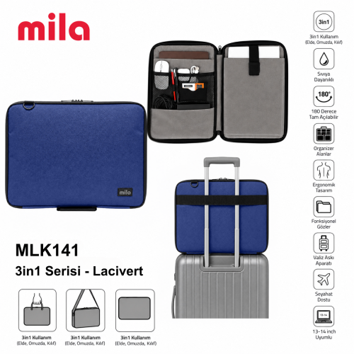 Mila 3in1 Serisi MLK141 13,14 inch Uyumlu Tablet, Laptop El ve Omuz Çantası - Lacivert