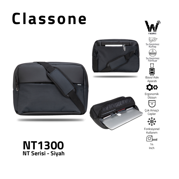 Classone NT1300 NT Serisi WTXpro Su Geçirmez Kumaş 14 inch Notebook Çantası / Siyah