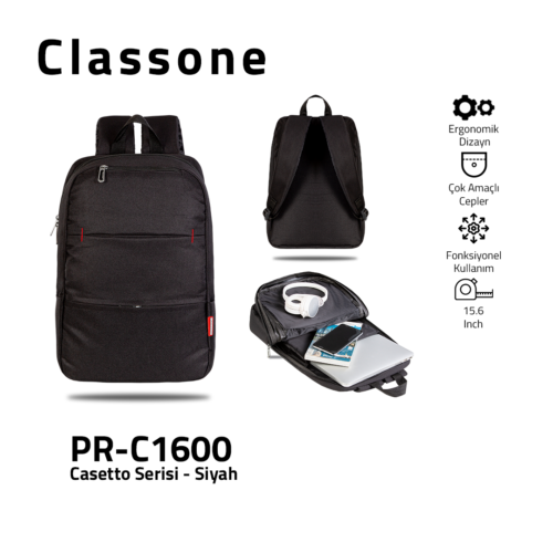 Classone PR-C1600 Casetto-Serie 15.6 Laptop-Rucksack - Schwarz