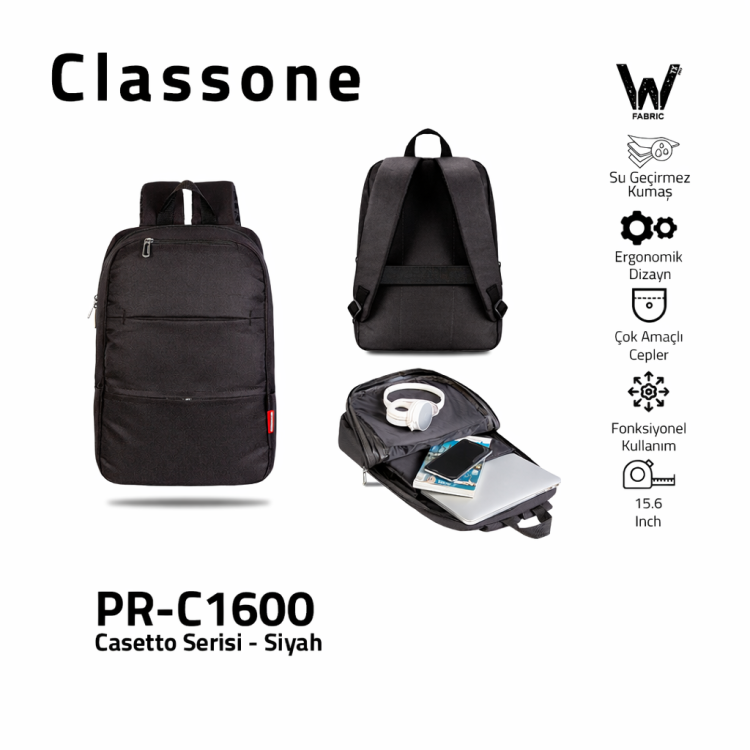 Classone PR-C1600 WTXpro Su Geçirmez Kumaş Casetto Serisi 15.6 Notebook Sırt Çantası-Siyah