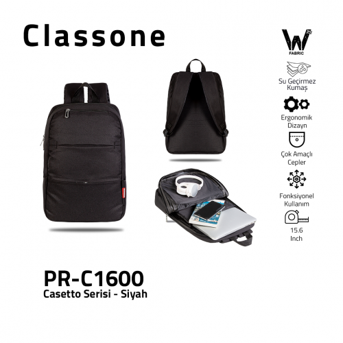 Classone PR-C1600 WTXpro Su Geçirmez Kumaş Casetto Serisi 15.6 Notebook Sırt Çantası-Siyah