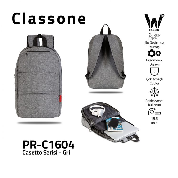 Classone PR-C1604  Casetto Serisi WTXpro Su Geçirmez Kumaş 15.6 Notebook Sırt Çantası-Gri