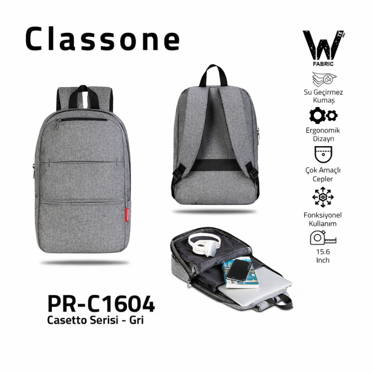 Classone PR-C1604 Casetto Serisi WTXpro Su Geçirmez Kumaş 15.6 Notebook Sırt Çantası-Gri Classone PR-C1604 Casetto Serisi WTXpro Su Geçirmez Kumaş 15.6 Notebook Sırt Çantası-Gri