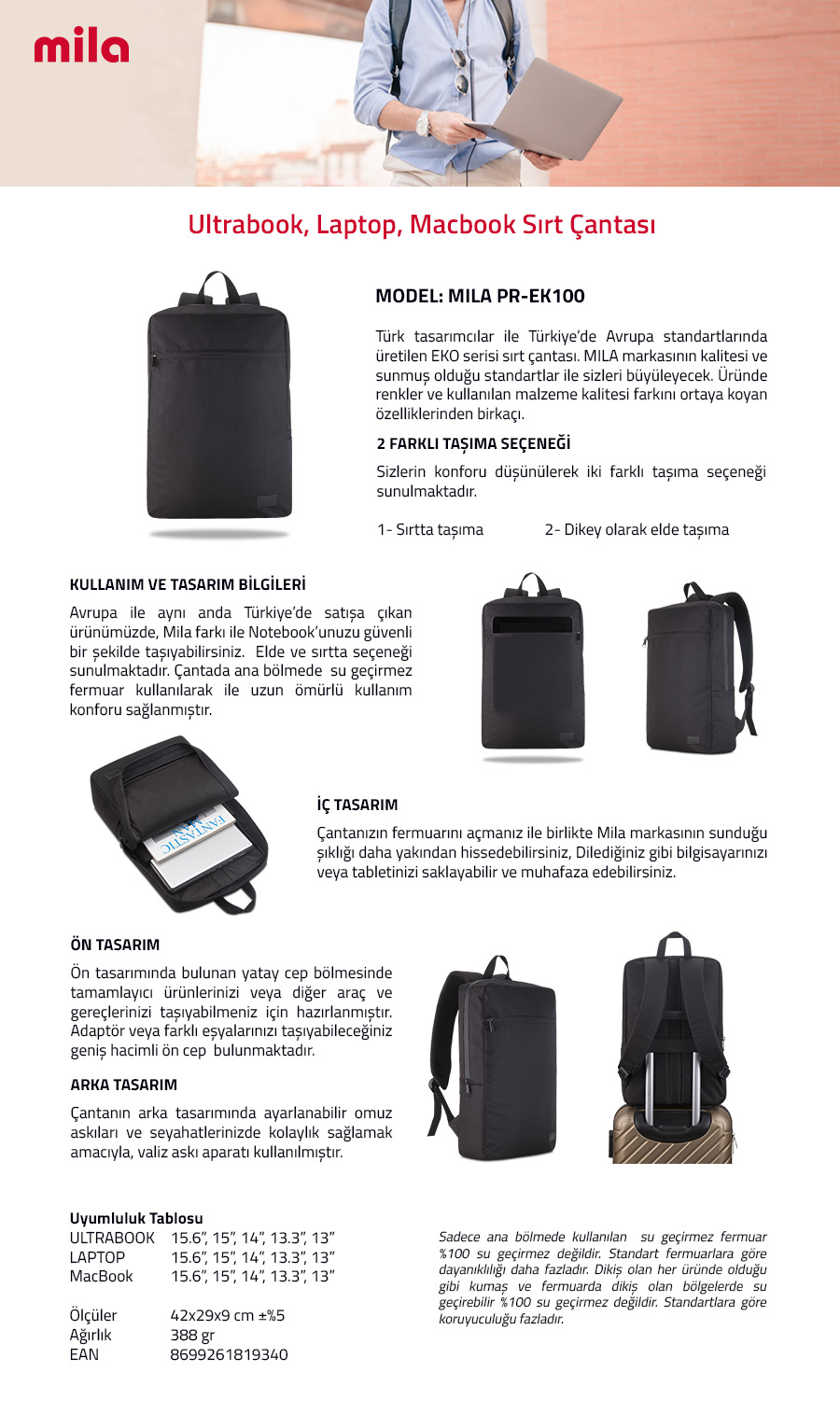 Classone PR-EK100 15,6 inch Uyumlu Mila serisi  Macbook, Laptop , Notebook Sırt Çantası  - Siyah