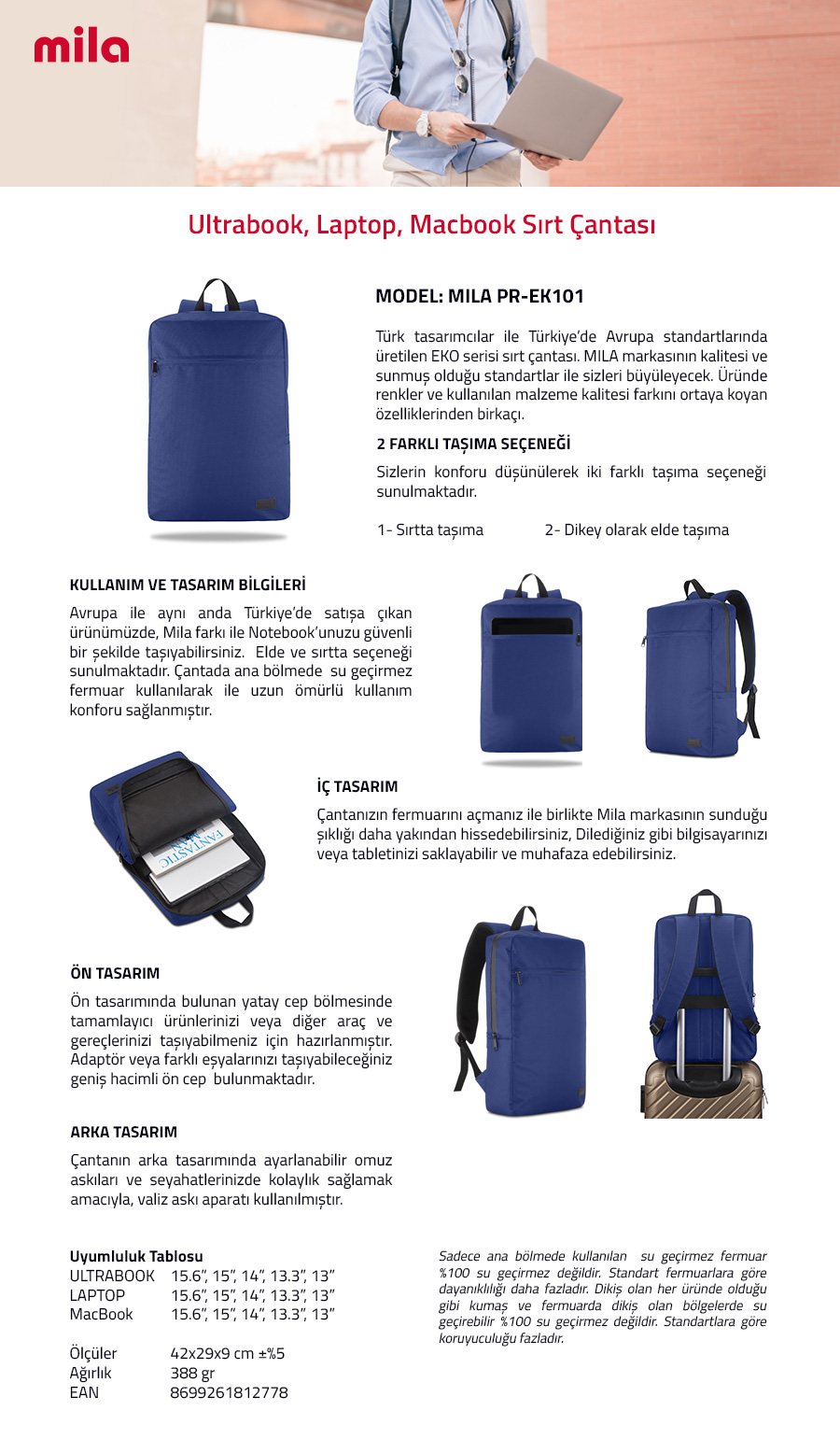 Classone PR-EK101 15.6" Mila Laptop Sırt Çantası,Lenovo,Hp,Asus,Monster,Macbook,Mac Air Uyumlu- Lacivert