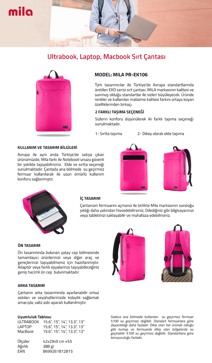 Classone PR-EK106 15.6" Mila Laptop Sırt Çantası,Lenovo,Hp,Asus,Monster,Macbook,Mac Air Uyumlu  - Pembe