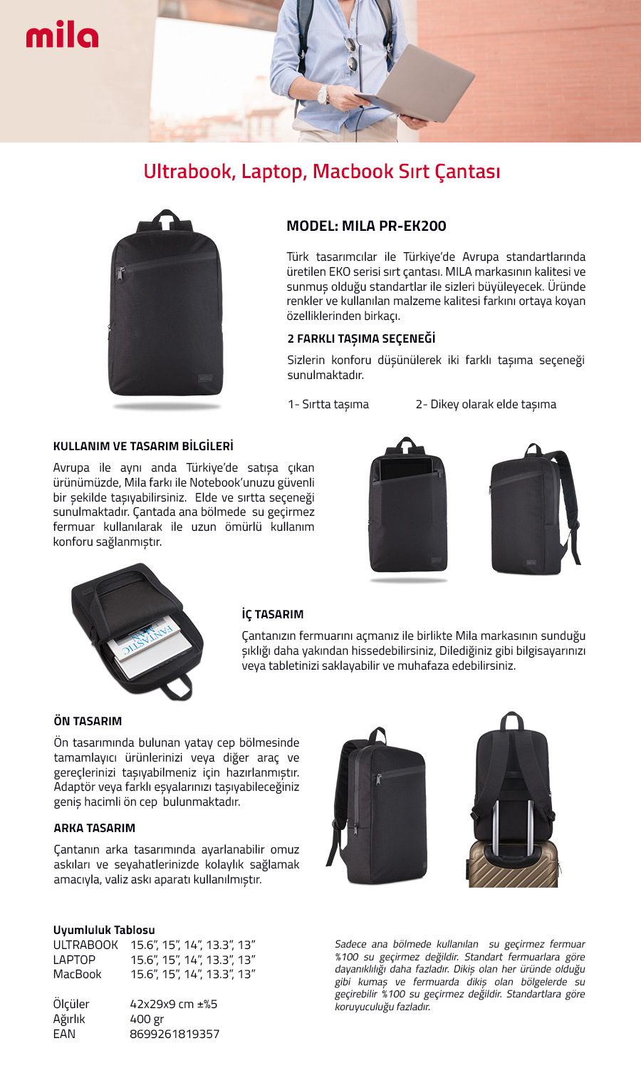 Classone PR-EK200 15,6 inch Uyumlu Mila serisi  Macbook, Laptop , Notebook Sırt Çantası  - Siyah