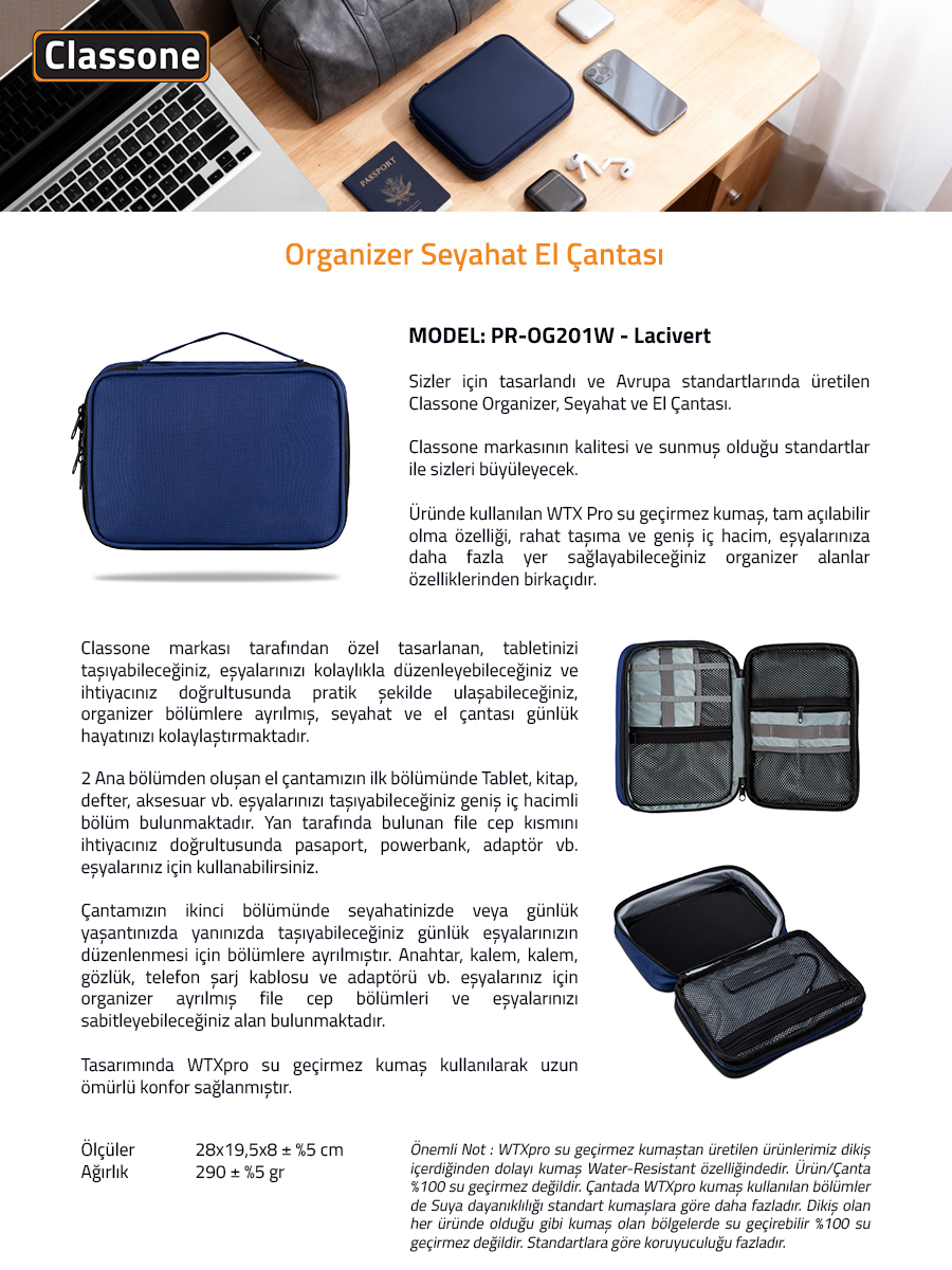 Classone PR-OG201W Organizer, Seyahat ve El Çantası - Lacivert
