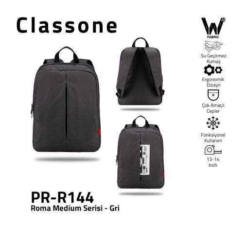Classone PR-R144 Roma Medium Serisi WTXpro Su Geçirmez Kumaş Notebook 14 inch Sırt Çantası / Gri