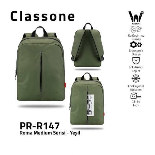 Classone PR-R147 Roma Medium Serisi WTXpro Su Geçirmez Kumaş Notebook 14 inch Sırt Çantası / Yeşil