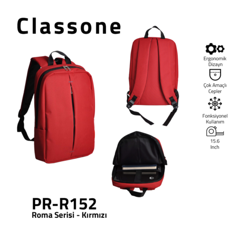 Classone PR-R152 Roma Serisi 15,6 inch Notebook Sırt Çantası - Kırmızı
