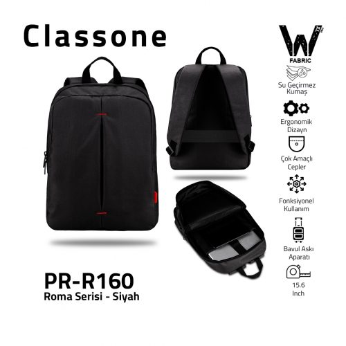 Classone PR-R160 Roma Large Serisi WTXpro Su Geçirmez Kumaş Notebook 15,6 inch Sırt Çantası / Siyah