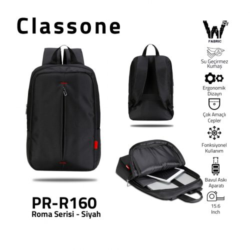 Classone PR-R160 Roma Large Serisi WTXpro Su Geçirmez Kumaş Notebook 15,6 inch Sırt Çantası / Siyah
