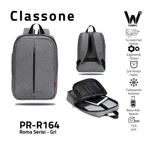 Classone PR-R164 Roma Large Serisi WTXpro Su Geçirmez Kumaş Notebook 15,6 inch Sırt Çantası / Gri