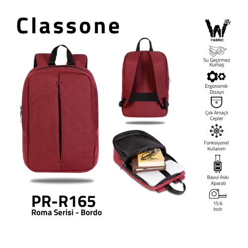 Classone PR-R165 Roma Large Serisi WTXpro Su Geçirmez Kumaş Notebook 15,6 inch Sırt Çantası 15.6 - Bordo