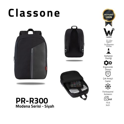 Classone PR-R300 Modena 15.6'' WTX Pro Su Geçirmez Kumaş Macbook, Mac Air Laptop SırtÇantası-Siyah