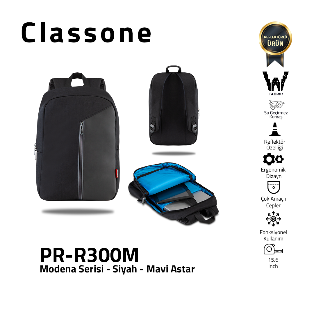 Classone Modena Series PR-R300M WTXpro Waterproof Fabric 15.6 Laptop Backpack - Black/Blue