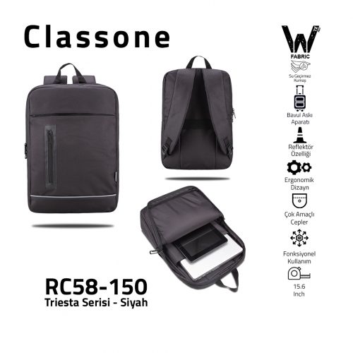 Classone Triesta Serisi RC58-150 15.6 inch Uyumlu Macbook, Laptop , Notebook Sırt Çantası- Siyah