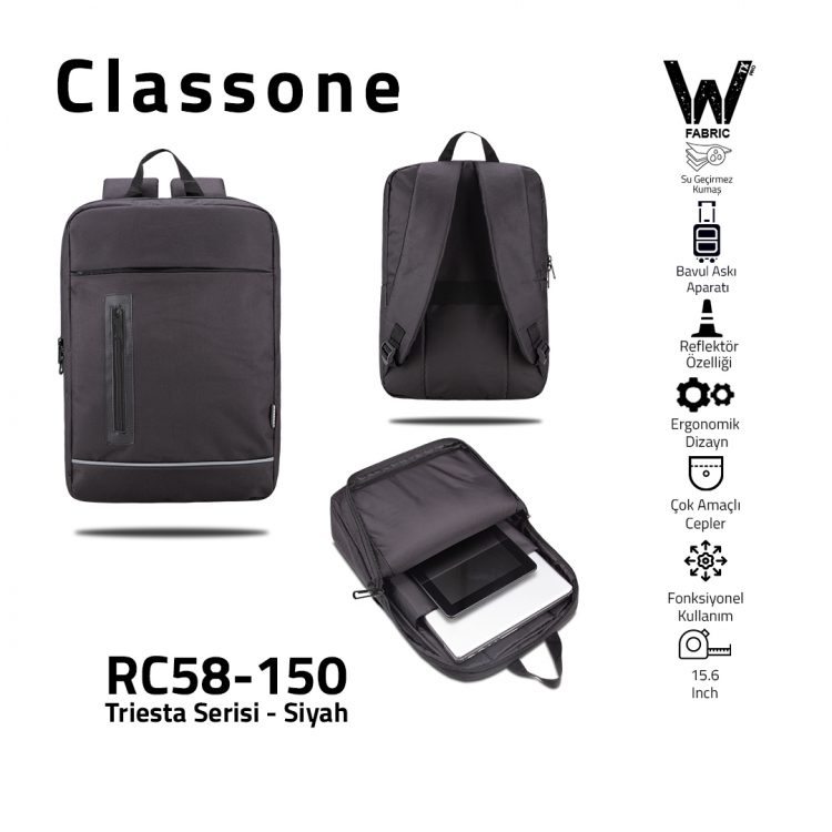Classone Triesta Serisi RC58-150 15.6 inch Uyumlu, WTXpro Su Geçirmez Kumaş, Macbook, Laptop ,  Notebook Sırt Çantası- Siyah